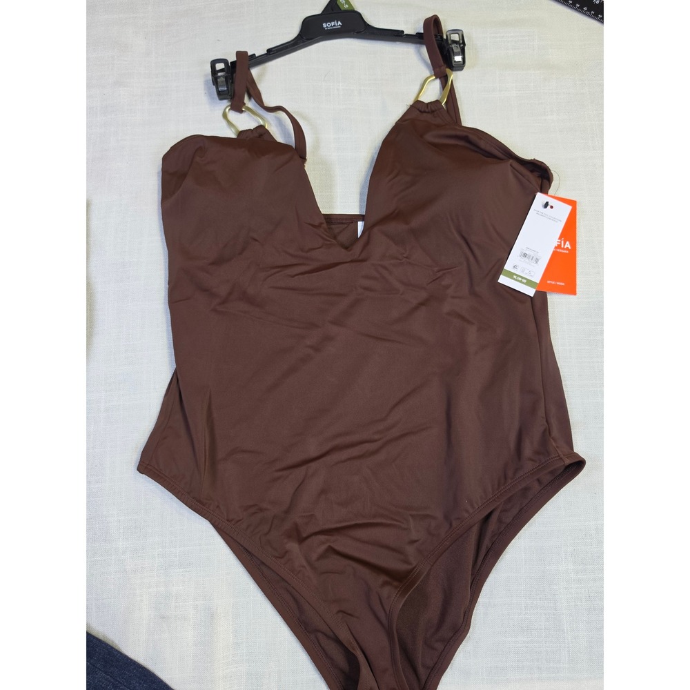 Sofia by Sofia Vergara Ring Plunge One Piece Swimsuit Brown XL 16-18 NWT